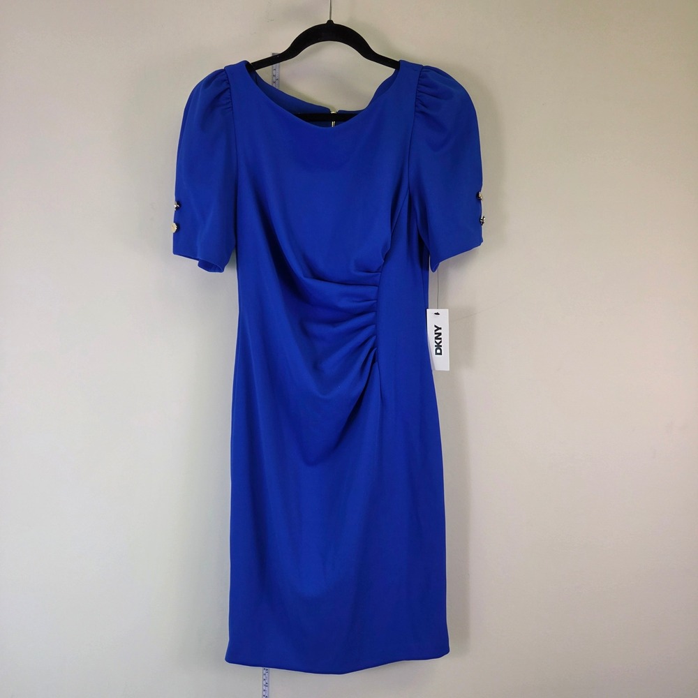 DKNY Royal Blue Ruched Sheath Dress Puff Sleeve Gold Hardware DD6A1666 Size 6